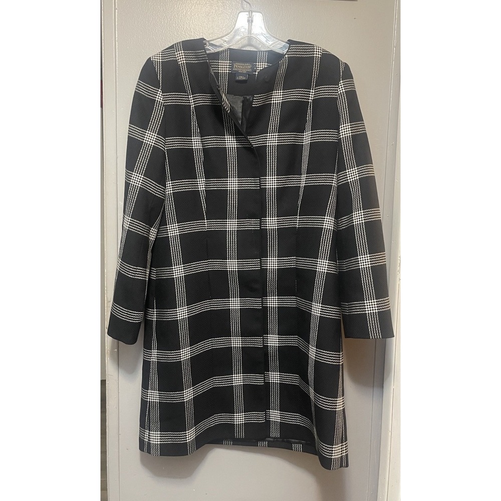 Pendleton Women Long Blazer Black White Plaid 100% Wool Tweed Jacket Size 8